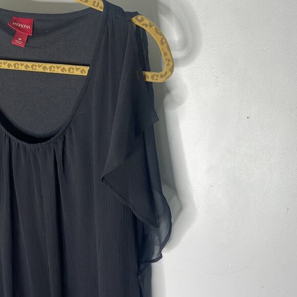 MERONA Black Sheer Lined Sheath Style Flutter Sleeve Dress Size Medium - Picture 2 of 8